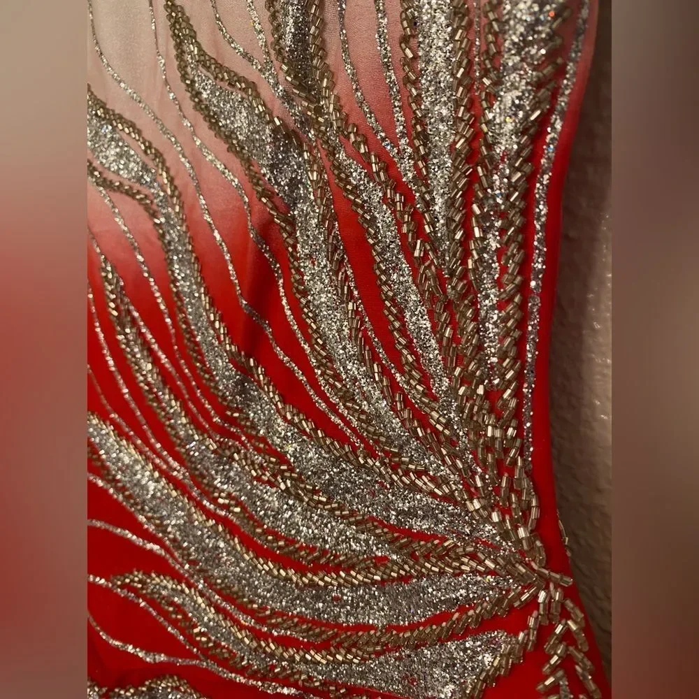 Custom solo dance ice skating ballet costume red ombre embellished dress MA